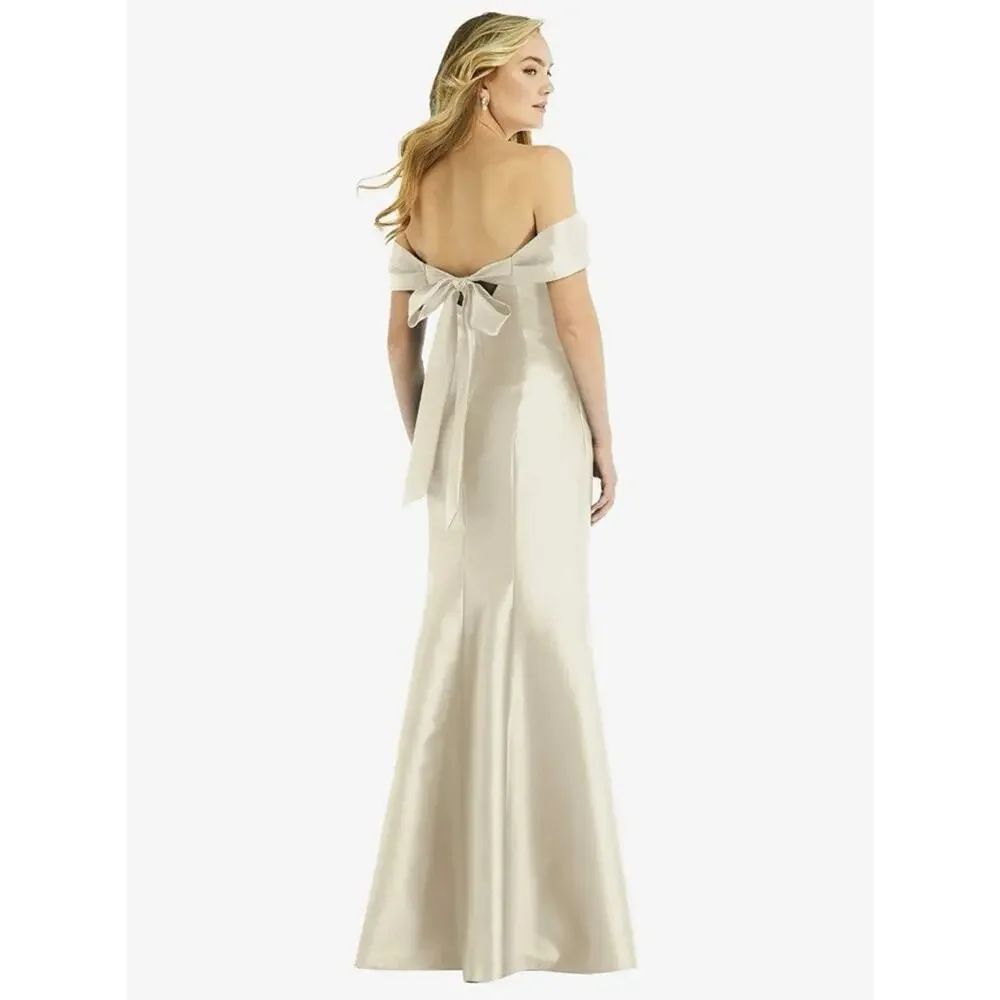 ALFRED SUNG Off-Shoulder Satin Maxi Gown in Champagne - Picture 3 of 9